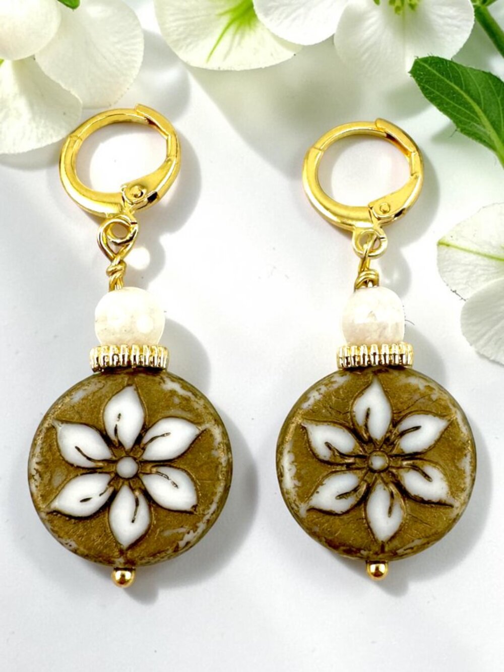 Czech Glass Clematis Flower Earrings White Gemstone Gold Leverbacks Artisan 1.5" - Picture 6 of 10